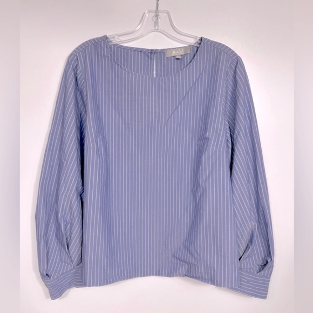 Marled Pinstriped Blouse XL Blue/White Cotton Blend Balloon Cuffed Sleeves